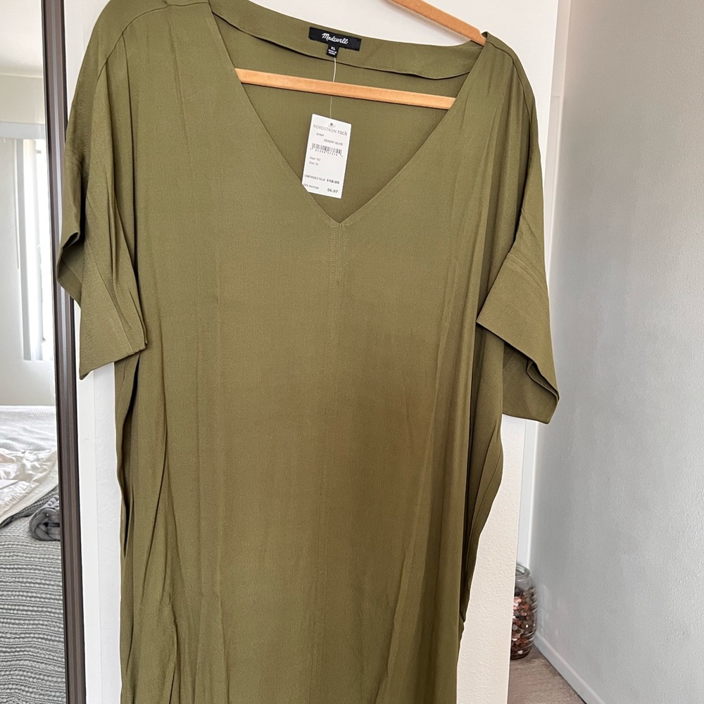 V-Neck olive green short sleeve, knee length shirt dress.